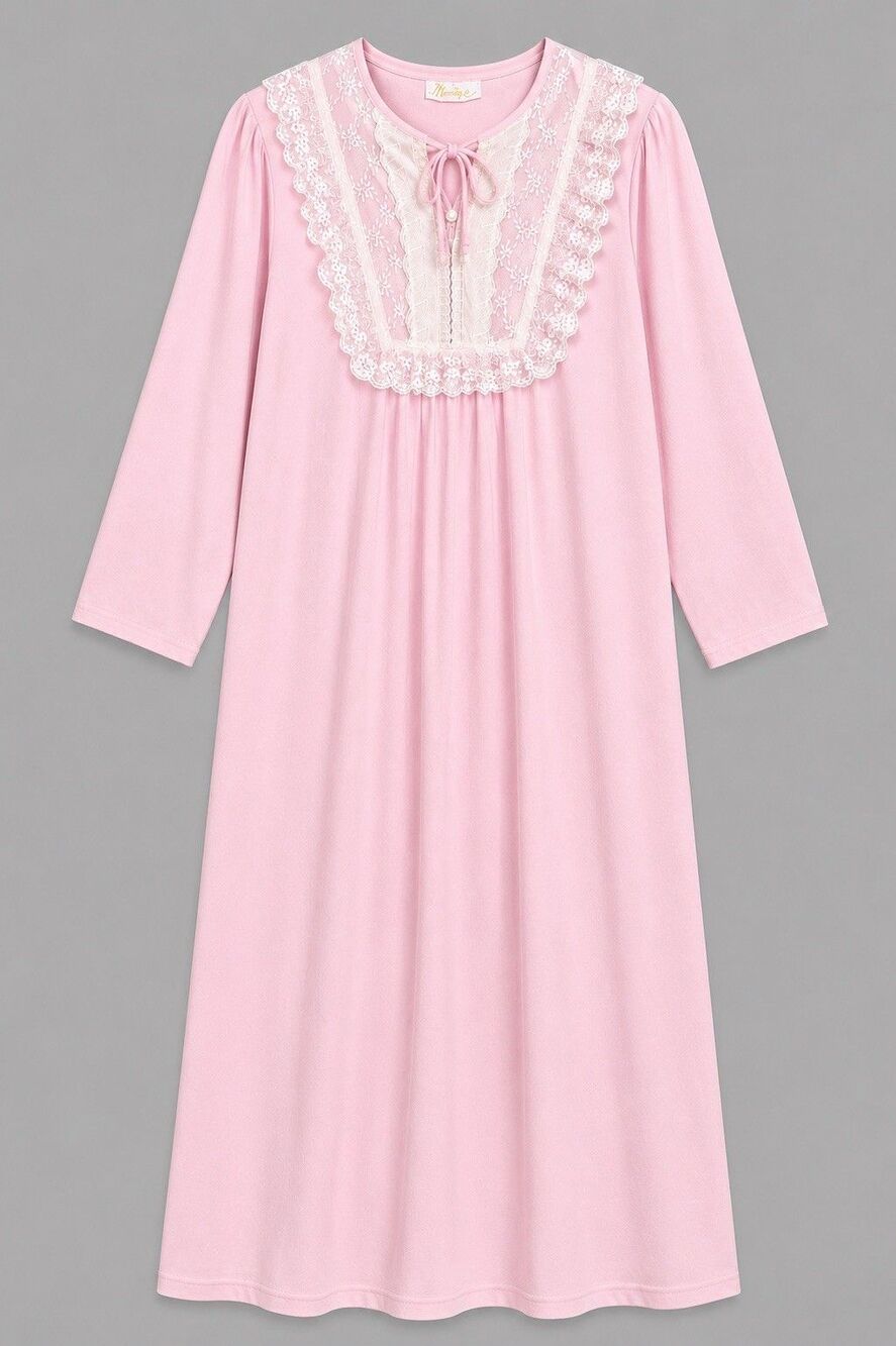 Vintage Monique Gown Women's Medium Pink Lace Ruffle 3/4 Sleeve Nightgown